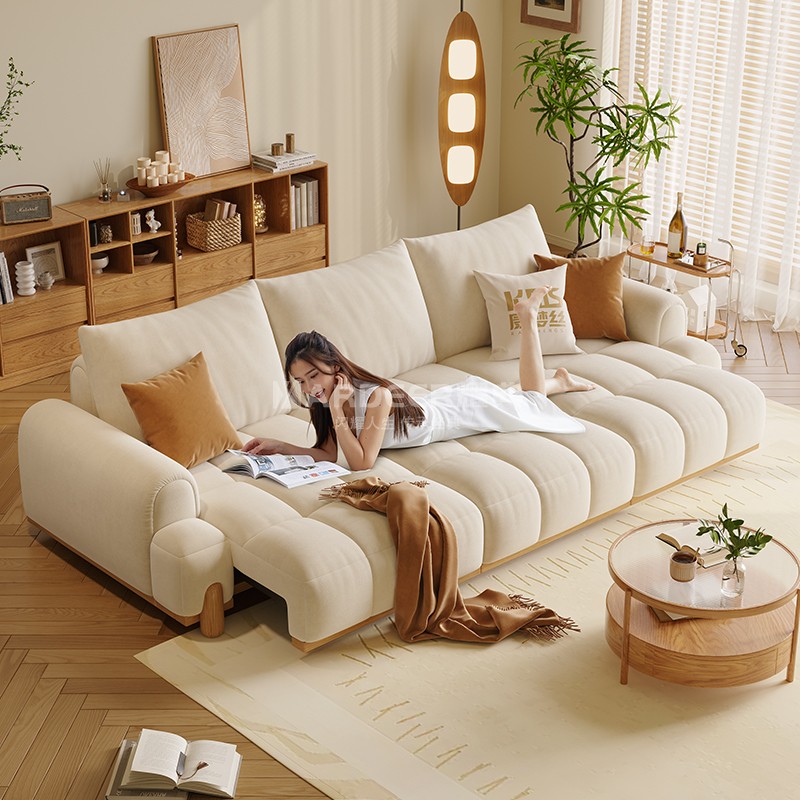 北欧奶油风2024新款客厅电动绒布沙发简约轻奢直排三人位实木家具