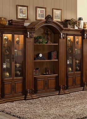 美式实木书柜组合靠墙储物柜欧式带玻璃门书橱客厅大容量复古书架