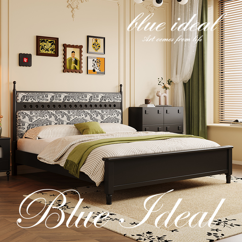 蓝色理想中古风实木床轻奢高端虎山纹镂空法式复古1.8m主卧双人床