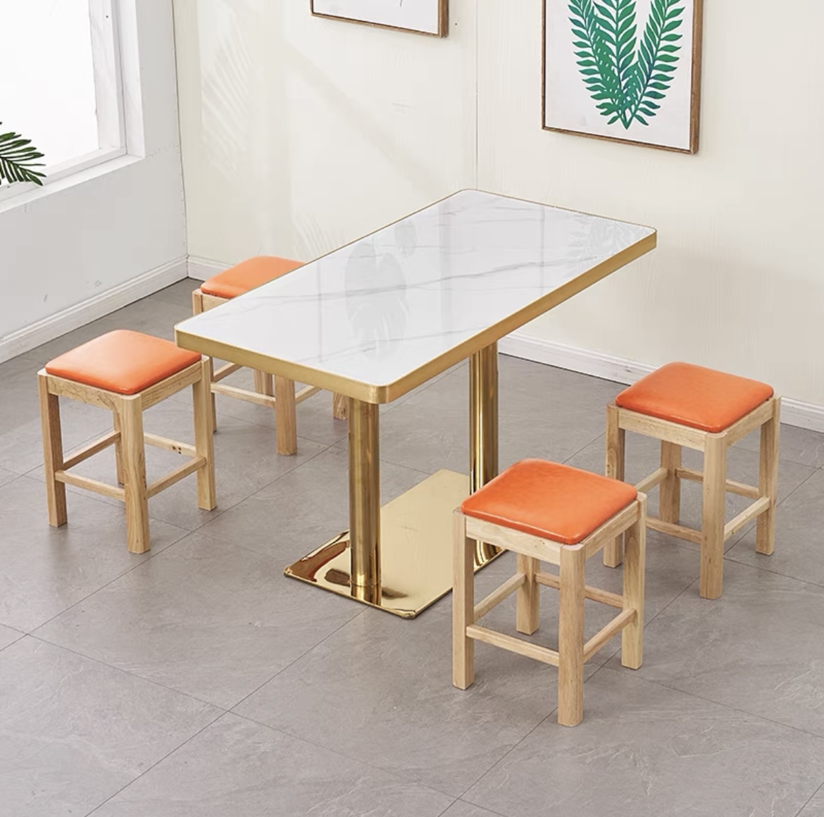 快餐桌椅实木椅凳小吃饭店餐饮商用岩板包金边咖啡汉堡圆方桌