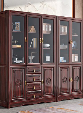 新中式古典红木书柜现代高档酸枝木书房家具储物柜带玻璃置物柜门