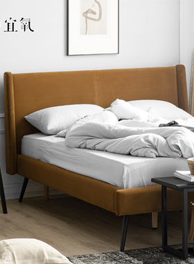 宜氧 琥珀床 榉木实木排骨架布床 主卧简约轻奢丝绒布艺床双人床