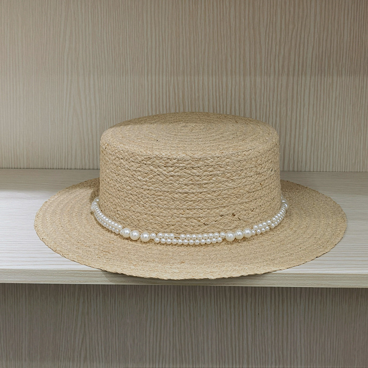 韩版优雅珍珠圆顶小帽檐拉菲草帽子女夏天出游时尚百搭盆帽渔夫帽