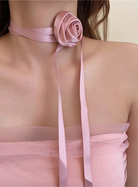 法式温柔玫瑰花绑带项链小众设计choker花朵项圈高级感气质锁骨链