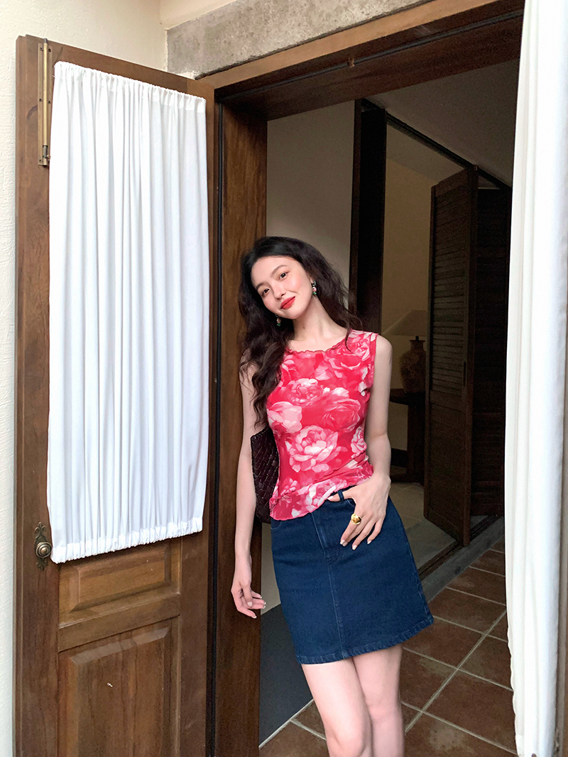 酒午自制【花袭】法式夏季红色网纱印花油画玫瑰蕾丝衫无袖上衣女