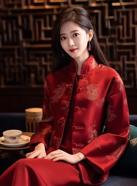2024春款新中式高级感龙年女装中国风唐装小衫盘扣上衣红色外套女