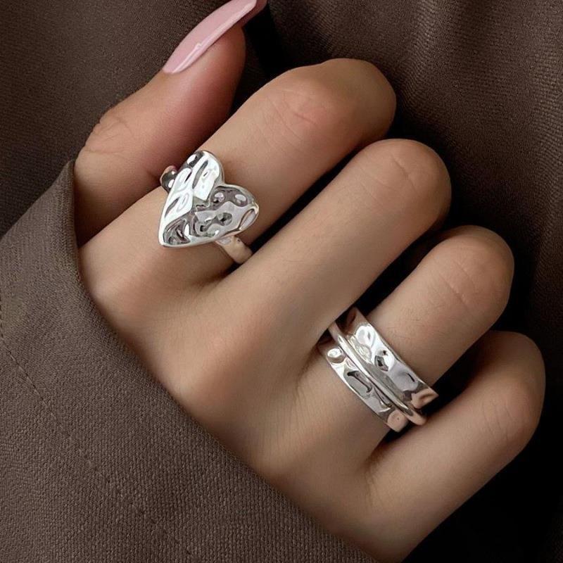 几何爱心锤纹戒指女时尚个性创意设计S925宽边开口指环嘻哈食指戒