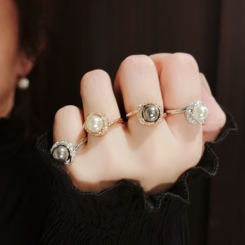 日韩版简约超值百搭空姐女交错时尚碎钻富贵黑白珍珠食指戒指指环
