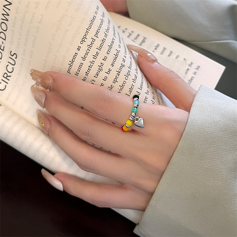 彩色串珠手链戒指女2023新款弹力绳食指戒指小众设计时尚闺蜜指环