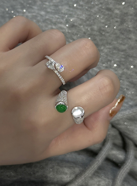 新中式天然玻璃种水沫玉正阳绿绿玉髓开口戒指时尚镶钻国风食指戒