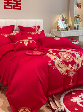 中式龙凤结婚四件套纯棉全棉大红被套床单六件套婚庆床上用品婚房