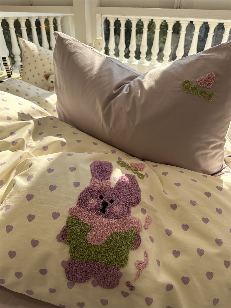 芋泥紫爱心小兔毛巾绣纯棉床上四件套1.5m1.8米宿舍公寓被套床单