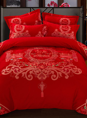 新款加厚磨毛婚庆四件套大红色结婚床上用品1.8m全棉纯棉床单被套