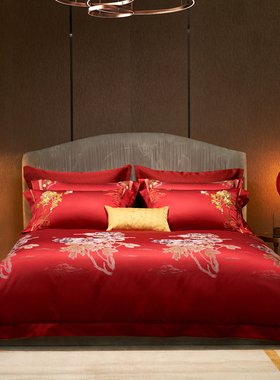 高端婚庆140S全棉色织提花床上用品四件套红色喜被酒店被套简约