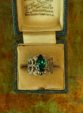 原创欧洲古董市场通体925银祖母绿戒指宫廷复古马眼蕾丝开口银戒