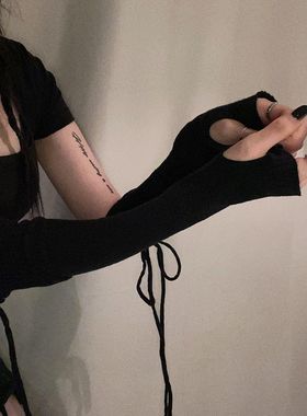[REコンテナ]韩版设计感绑带可爱长款针织半截露指百搭手套女