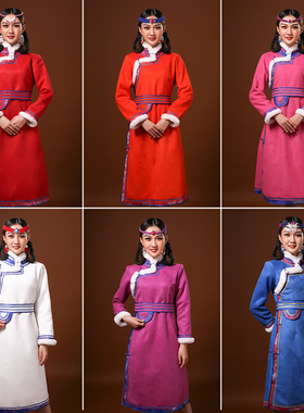 冬季蒙古族服装女棉袍日常女士蒙古袍棉外套长款时尚立领蒙古服女