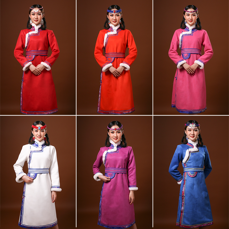 冬季蒙古族服装女棉袍日常女士蒙古袍棉外套长款时尚立领蒙古服女
