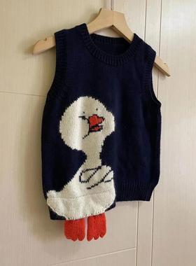 韩系宽松慵懒风卡通鸭子马甲针织衫设计感小众复古黑色毛衣女秋季