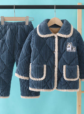 儿童法兰绒睡衣冬季夹棉加厚款宝宝套装女童睡衣珊瑚绒男童家居服