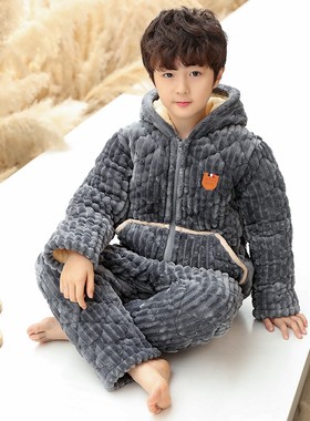 儿童睡衣秋冬款男童三层夹棉加厚保暖法兰绒珊瑚绒冬季家居服套装