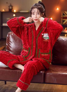 法兰绒睡衣家居服女冬季新款加绒加厚V领开衫外穿圣诞节套装红色