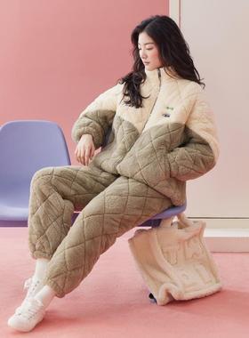 冬季珊瑚绒睡衣女款加绒加厚三层夹棉袄冬天可外穿出门时尚家居服