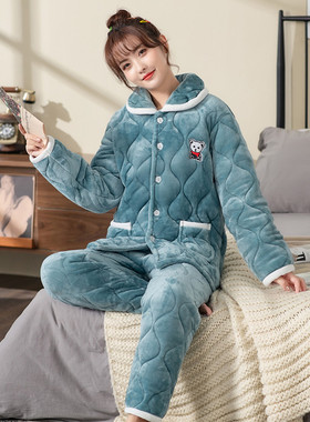 睡衣女冬季法兰绒三层加厚可爱套装保暖珊瑚绒夹棉袄家居服外穿