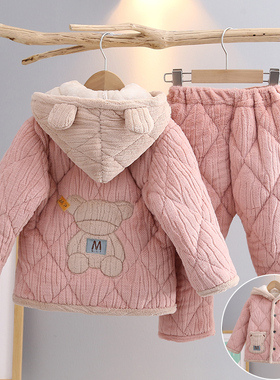 儿童睡衣冬季女童加绒加厚款珊瑚绒家居服女孩法兰绒三层夹棉套装