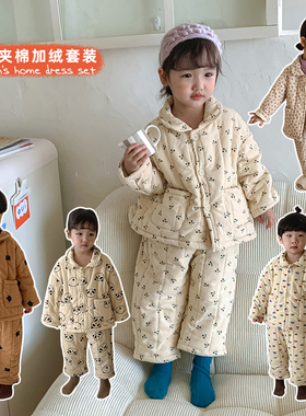 儿童睡衣冬季加厚款小孩女童纯棉宝宝加绒三层夹棉男童家居服套装