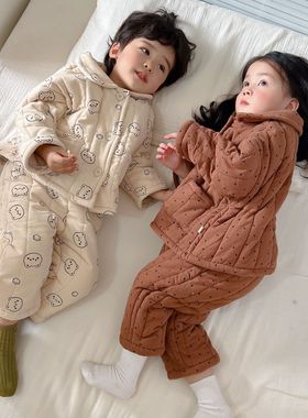 韩版儿童加厚家居服男女中小童睡衣冬季宝宝三层夹棉加绒保暖套装