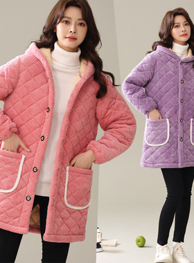 冬季新款法兰绒加绒加厚女装家居服三层夹棉保暖罩衣防寒棉衣外套