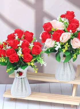 仿真花假花红玫瑰餐桌卧室客厅装饰品摆设花创意摆件绢布花塑料花