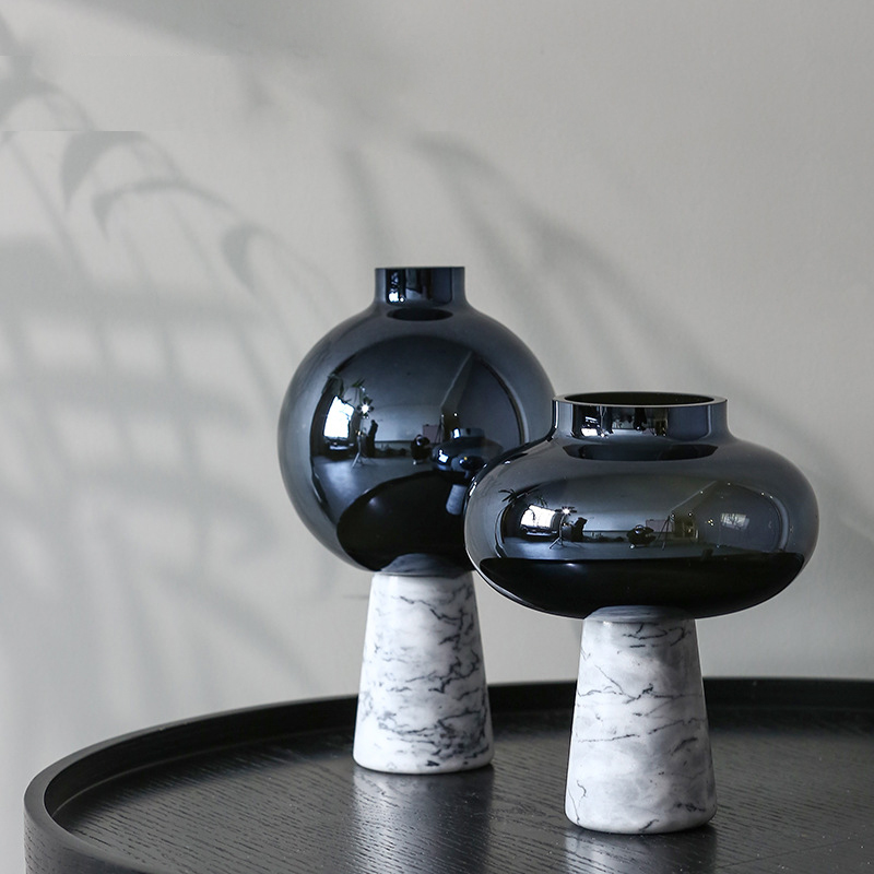 轻奢风大理石花瓶摆件样板房间客厅玻璃插花瓶软装饰品设计师创意