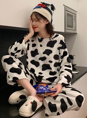 少女睡衣套装2020秋冬新款宽松加绒可爱奶牛图案保暖家居服两件套