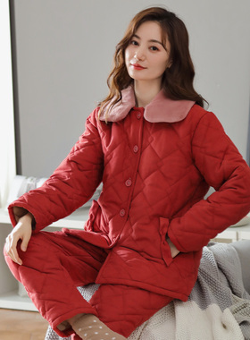 红色夹棉睡衣女士冬天加厚加绒款三层珊瑚绒加棉保暖可外穿家居服