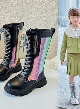女童长筒靴2023秋冬季新款时尚加绒英伦风中大童彩虹骑士靴公主靴