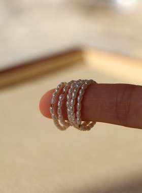 罕见极小2mm天然淡水小珍珠戒指戒子叠带美国14k包金不退色不掉皮