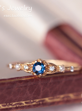Ree。蓝丝绒 天然蓝宝石珍珠18k黄金vitage古典戒指 指环