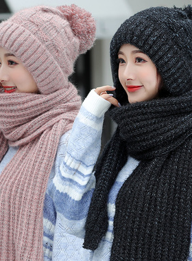 帽子女冬天韩版甜美时尚百搭围巾一体针织帽加厚保暖秋冬季毛线帽