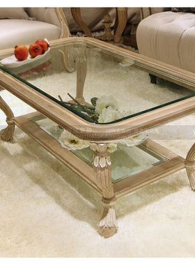 欧式美式轻奢客厅成套家具 带玻璃复古做旧方形实木茶几 可定制桌