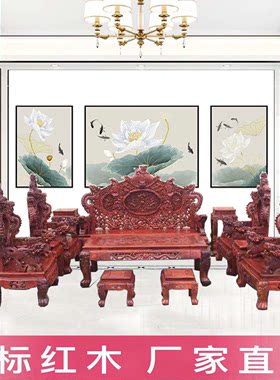 红木家具缅甸花梨麒麟宝鼎沙发十二件套大果紫檀实木客厅成套组合