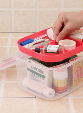 透明化妆品收纳箱 带盖针线整理盒塑料双层加厚医药箱手提工具箱