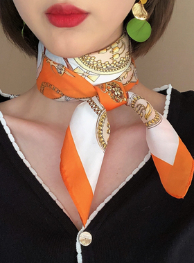 韩国小方巾女春夏秋薄款时尚百搭洋气职业空姐装饰领巾橙橘色丝巾