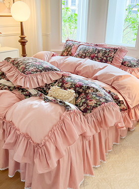 法式复古玫瑰全棉床裙款四件套纯棉轻奢高级感公主风荷叶花边被套