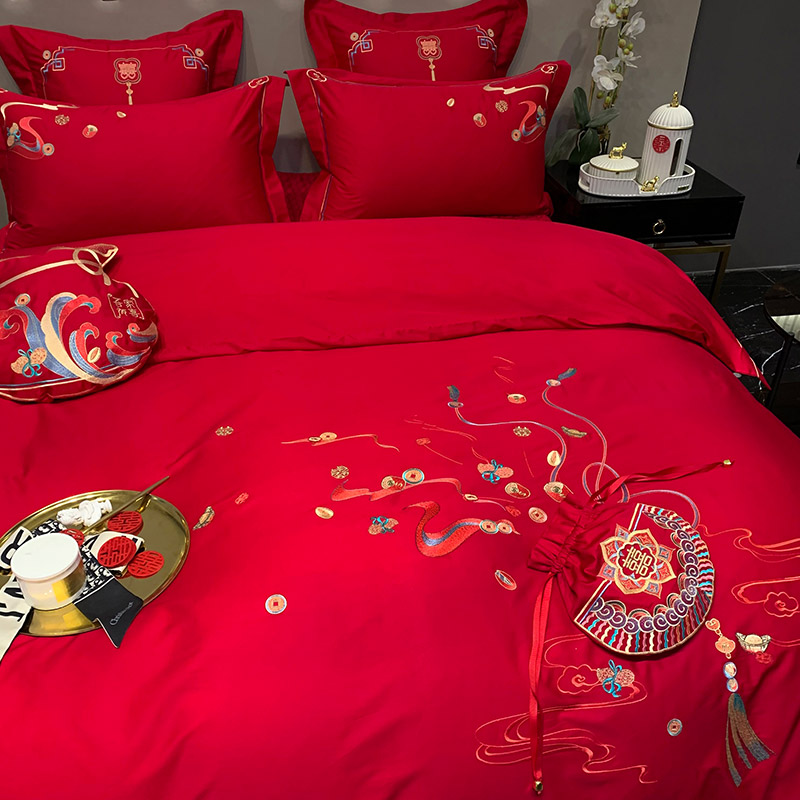 新中式60支长绒棉纯棉婚庆四件套全棉结婚大红色被套床盖床上用品