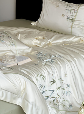 新中式高级感兰精天丝四件套100S冰丝夏季刺绣被套床单床上用品