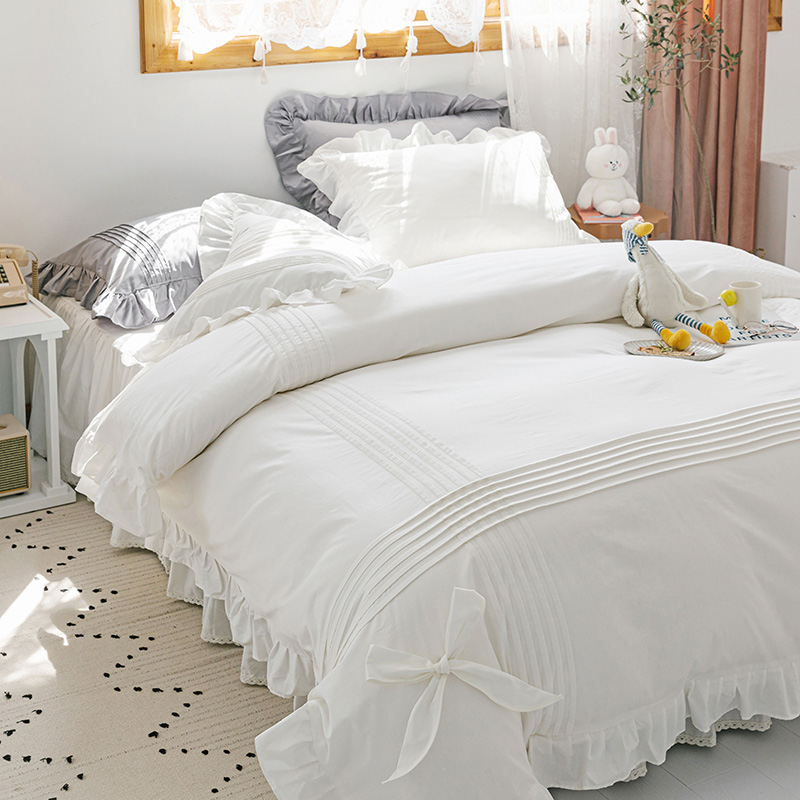 ins欧式纯棉柔软四件套白色床裙式床罩100全棉1.8米被套床上用品4