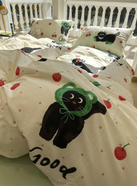 小清新绿可爱樱桃猫咪床上纯棉四件套1.5m1.8床单被套宿舍三件套