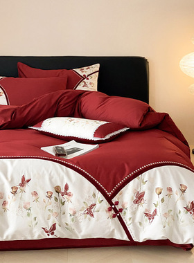 新中式婚庆床上四件套全棉100支长绒棉印花刺绣红色结婚被套床单